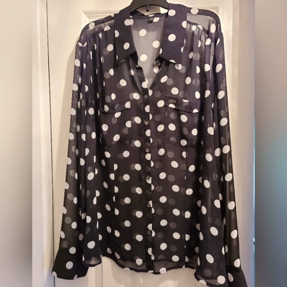 Guess, size XL top, sheer black and white polka dots.